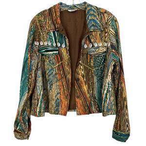 1990s Vintage Tribal Print Jacket Cowrie Shell Button Front Boho Coastal Cowgirl